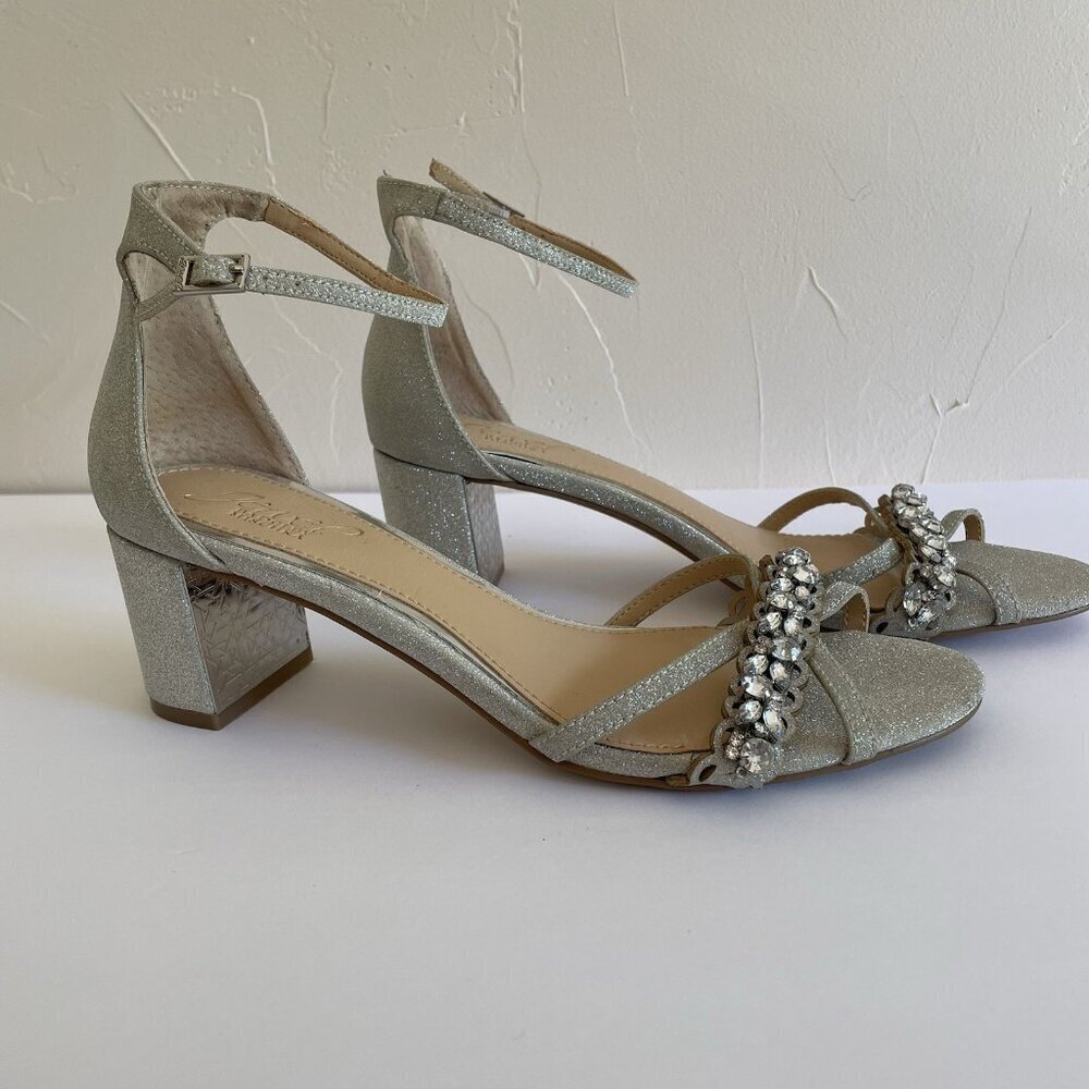 Badgley Mischka Silver Sparkle and Crystals Rhinestone Sandals Block Heels US 8
